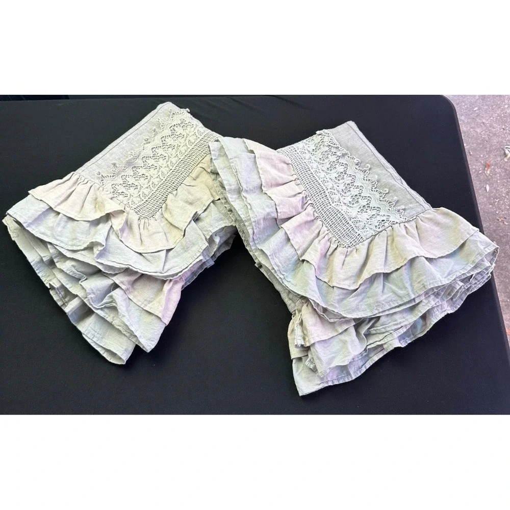 Linen Ruffle Crochet Pillow Shams King Set of‎ 2 Belgium Dove Gray Tie Back Lace